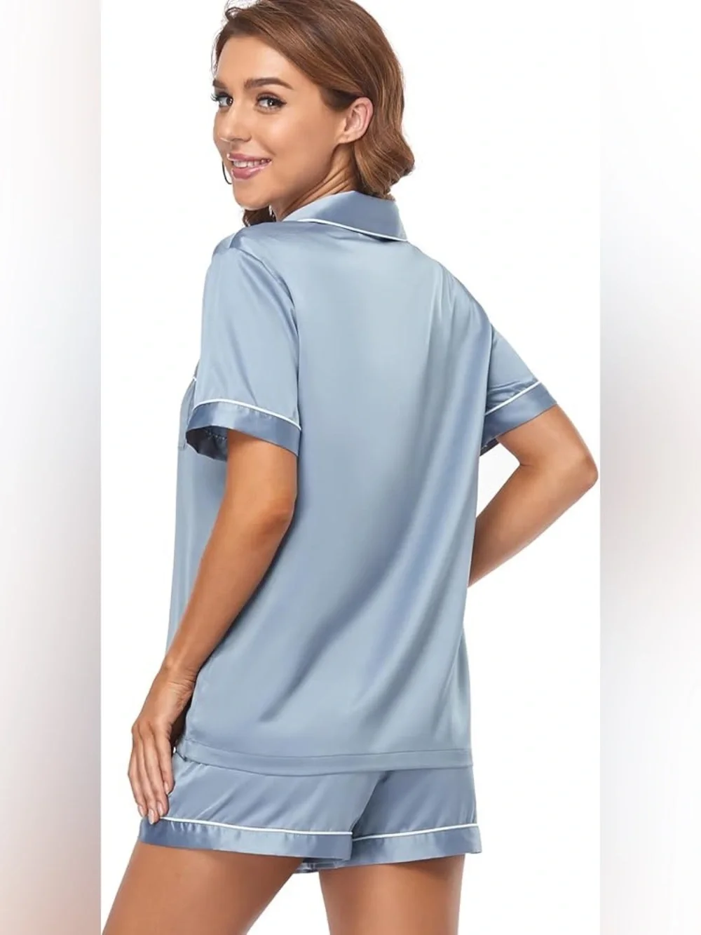 Dusty Blue Satin Short-Sleeve Pajama Set